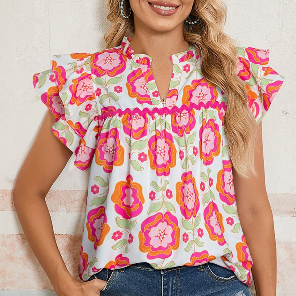 Rose Floral Ruffled Sleeve Top